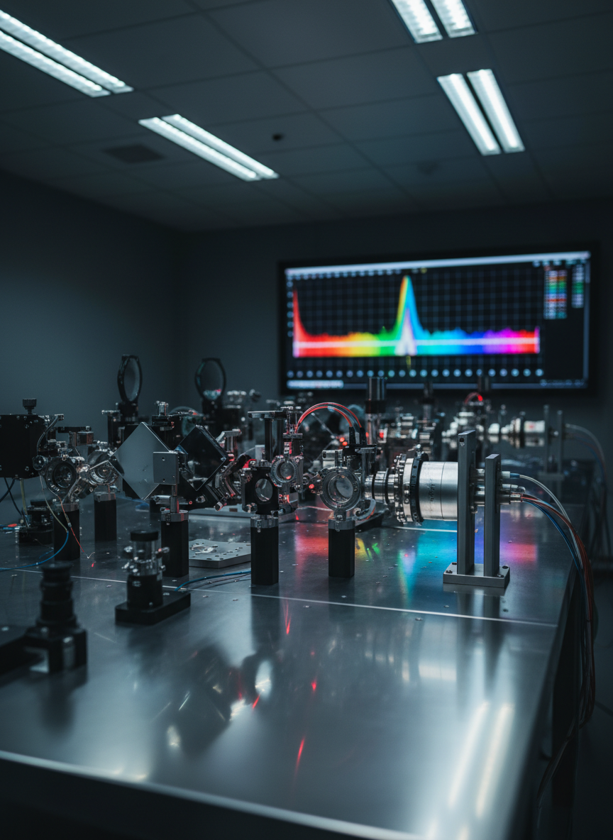 A high-precision astrophysical spectrograph bench in a dark observatory lab, captured in photographic realism. A polished stainless-steel optical table is covered with meticulously aligned mirrors, diffraction gratings, vacuum-sealed tubes, and fiber-optic cables glowing faintly red and blue. In the background, a large digital display shows a crisp, rainbow-colored stellar spectrum against a deep black interface. Cool, focused overhead LED strips create subtle reflections on metal surfaces and soft shadows between components. Shot at eye level with a shallow depth of field, the foreground optics are razor sharp while the far end of the table dissolves into gentle bokeh. The mood is precise, professional, and quietly awe-inspiring, emphasizing cutting-edge astrophysics research and technical mastery.