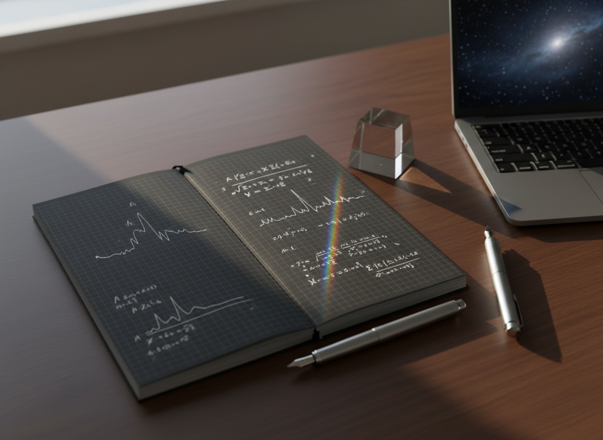 A minimalist, photographic still life representing precision cosmology: a pristine, matte-black notebook with fine silver grid lines open to a page of hand-drawn spectral lines and equations, resting on a smooth, dark wood desk. Beside it, a brushed aluminum pen, a small glass prism splitting a thin beam of white light into a delicate spectrum across the page, and a sleek laptop partially visible with a faintly glowing starfield on its screen. Soft, diffused window light from the left creates gentle gradients and subtle reflections on the prism and pen, casting sharp but understated shadows. Shot from a slightly elevated angle with the notebook framed on the rule of thirds, the mood is contemplative, precise, and scholarly, evoking quiet theoretical work behind astrophysical discoveries.