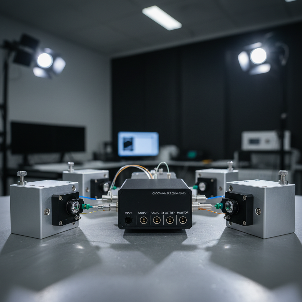 A close-up, photographic view of an ultra-stable astrocomb setup on a vibration-isolated optical table, designed for exoplanet detection. A compact frequency comb laser module with a matte black housing and precision-labeled ports sits centrally, with fine, neatly routed fiber-optic lines emitting subtle blue and amber glows. Surrounding it are temperature-controlled enclosures, tiny alignment screws, and anti-reflective coated lenses with faint green and purple sheens. The environment is a clean, modern laboratory with dark acoustic panels and muted instrumentation in soft focus. Cool, directional lab lighting from above and the side creates controlled highlights on metal edges and deep, orderly shadows. Captured from a slightly elevated angle with a shallow depth of field, the mood is focused, innovative, and methodical, emphasizing the sophistication of astrocomb technology.