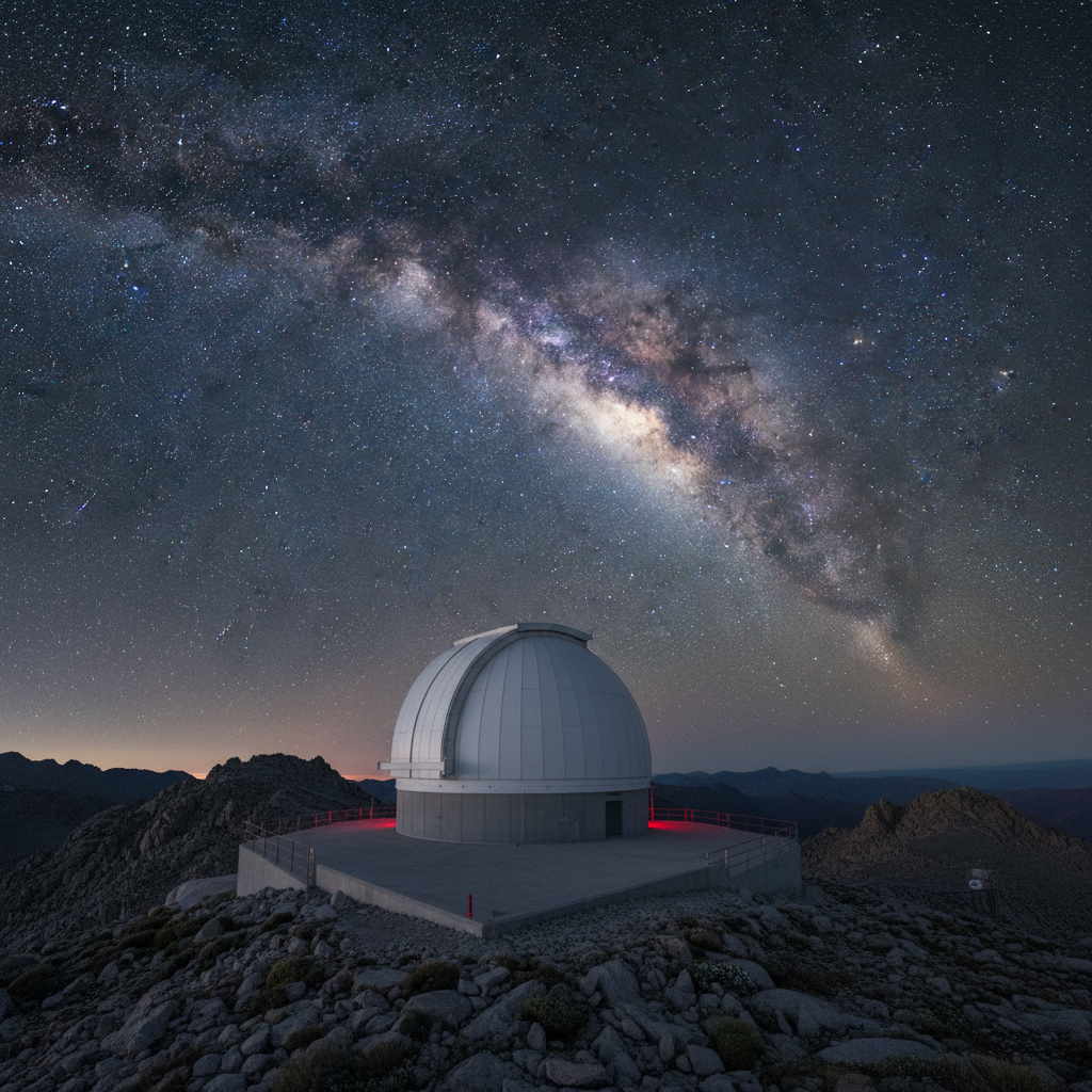 A sweeping, ultra-high-resolution view of the Milky Way arching over a modern observatory dome on a remote mountaintop, rendered in clean photographic realism. The sky is filled with densely packed stars, faint nebulae, and a clear galactic core, captured with long-exposure clarity. The observatory dome, made of smooth white composite panels with subtle seams, sits on a low, angular concrete base surrounded by rocky terrain and sparse vegetation. Cool twilight blends into deep night, with a faint horizon glow. Soft, cool starlight and minimal red safety lights on the building provide illumination, casting delicate shadows. Shot from a low wide-angle perspective, the dome occupies the lower third while the galaxy dominates above, creating a calm, majestic, and scientifically inspiring atmosphere.